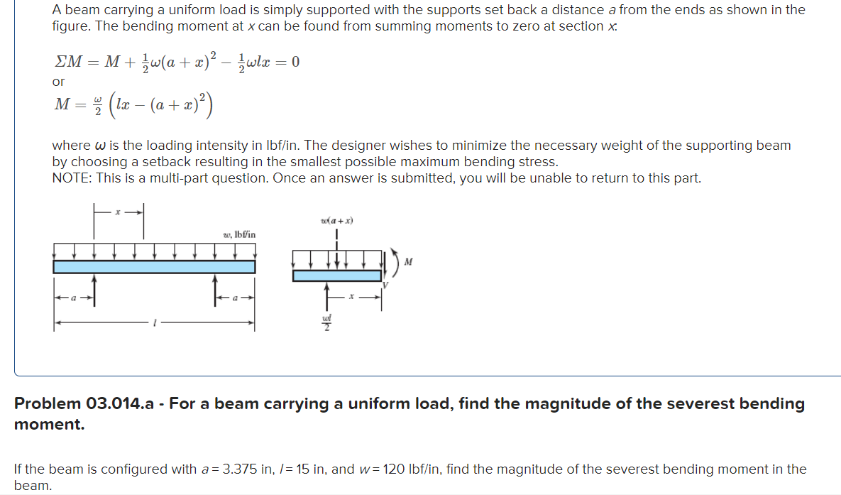 Solved A beam carrying a uniform load is simply supported | Chegg.com