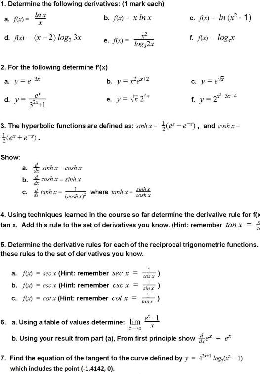 Solved 1. Determine the following derivatives: (1 mark each) | Chegg.com