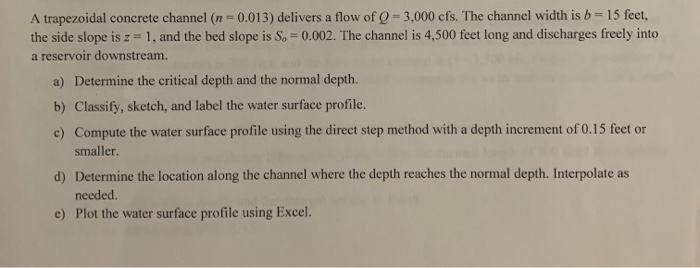 Solved A trapezoidal concrete channel (n-0.013) delivers a | Chegg.com