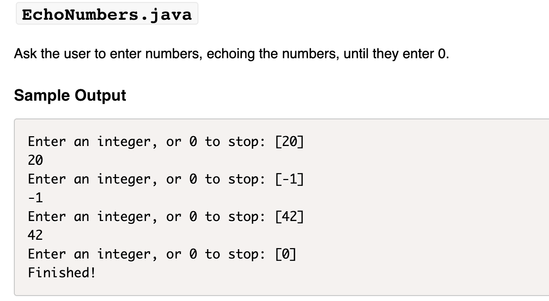 Solved EchoNumbers.java Ask the user to enter numbers, | Chegg.com