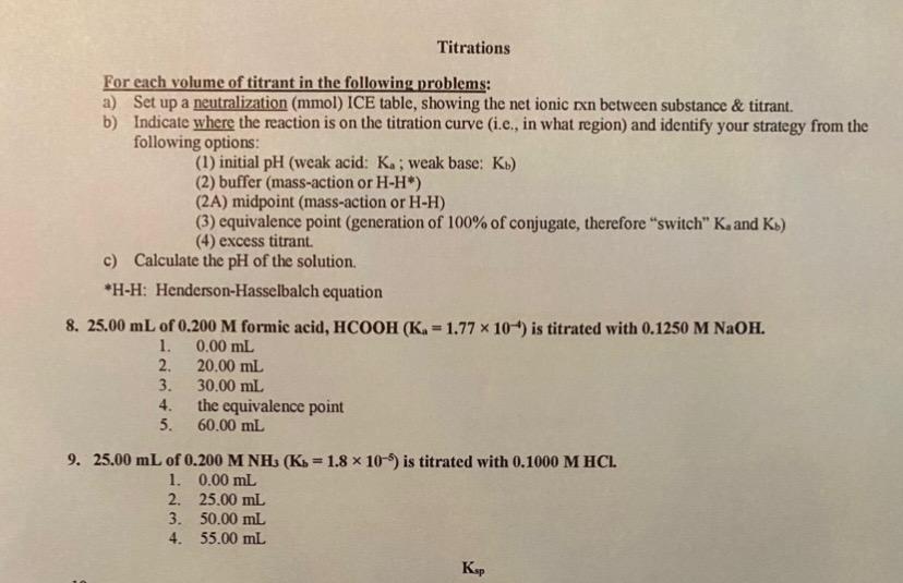 Solved Titrations For each volume of titrant in the | Chegg.com