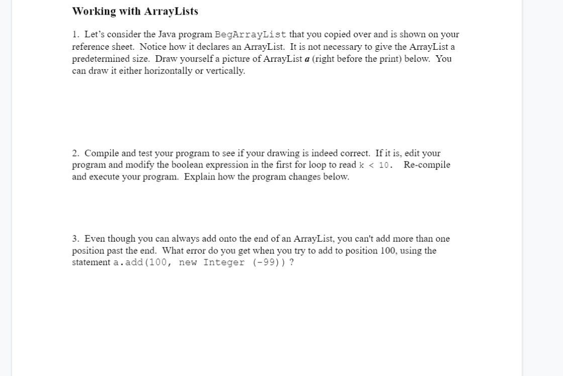 Working with ArrayLists 1. Let's consider the Java | Chegg.com