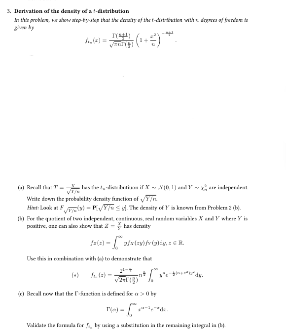 Solved 3. Derivation of the density of a t-distribution In | Chegg.com