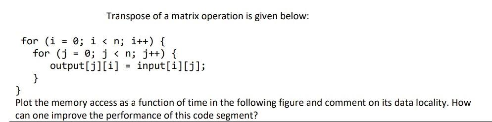 Transpose of a matrix operation is given below: for (i = 0; i < n; i++) { for (j = 0; j < n; j++) { output[j][i] = input[i][j