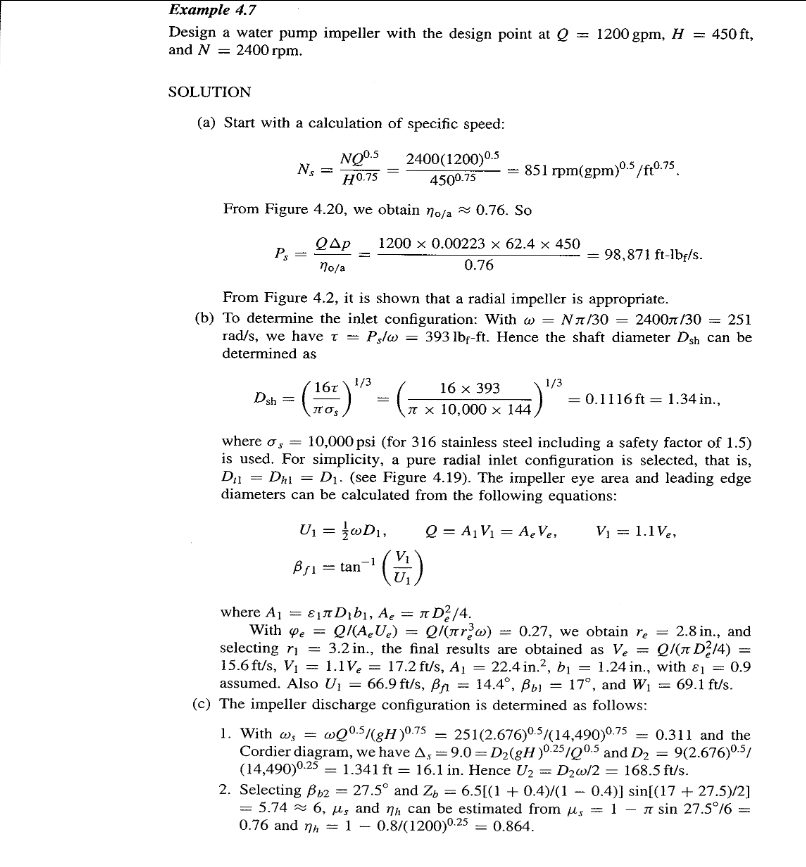 Example 4.7 Design a water pump impeller with the | Chegg.com