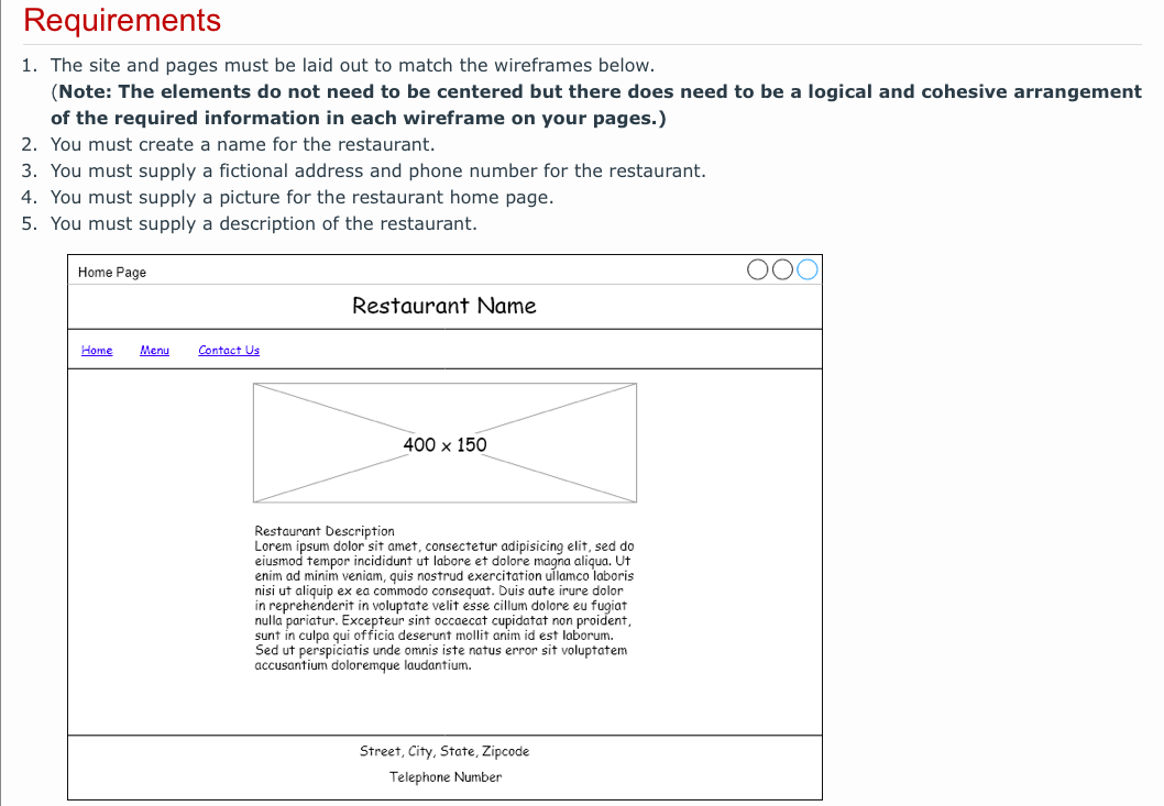 Requirements 1. The site and pages must be laid out to match the wireframes below. (Note: The elements do not need to be cent