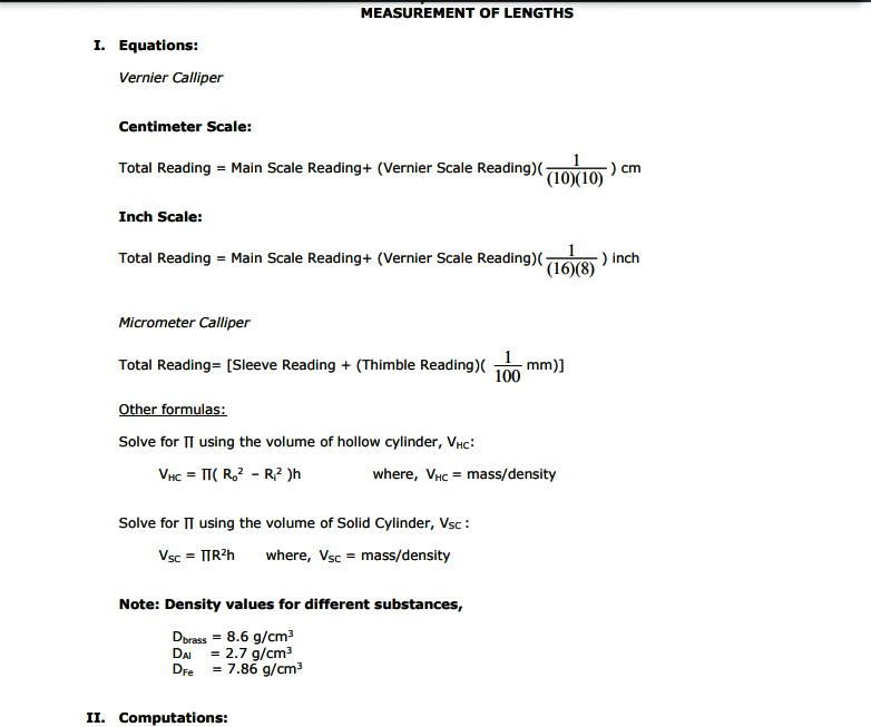 MEASUREMENT OF LENGTHS I. Equations Vernier Calliper