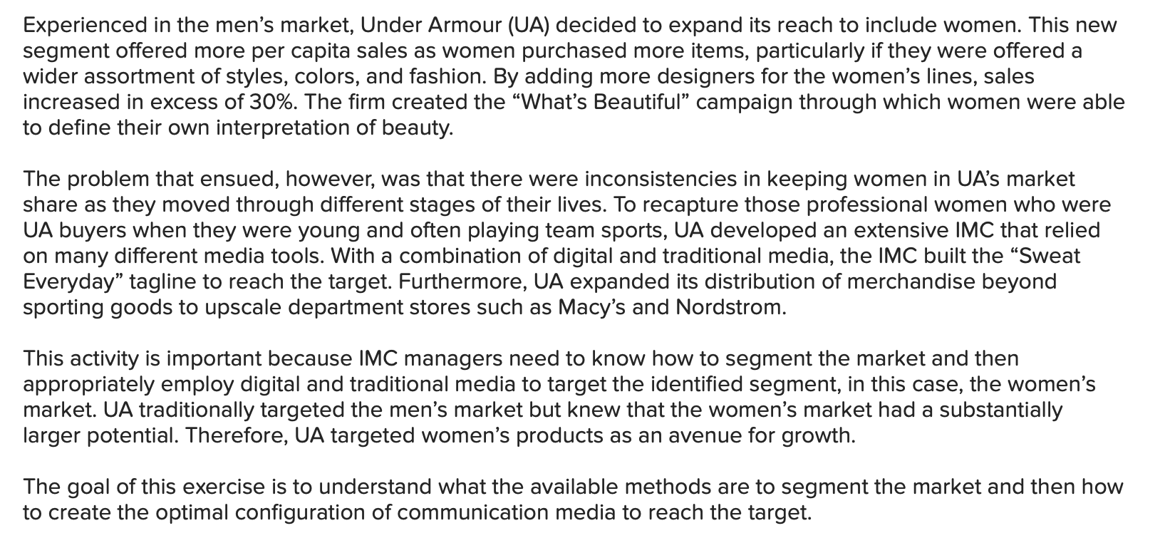 Solved Experienced in the men's market, Under Armour (UA)