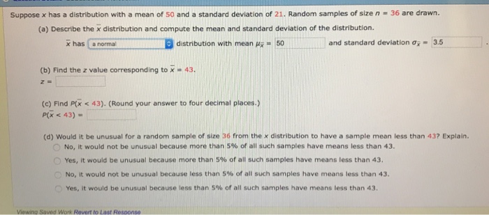 Solved Suppose x has a distribution with a mean of 50 and a | Chegg.com