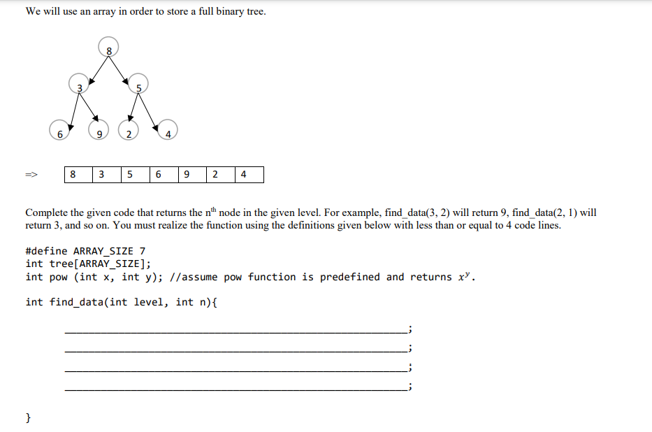 Solved We Will Use An Array In Order To Store A Full Binary | Chegg.com