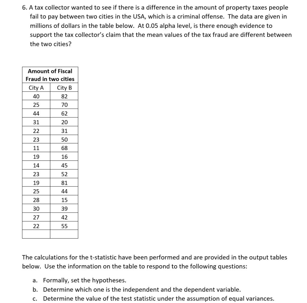 Solved 6. A tax collector wanted to see if there is a | Chegg.com