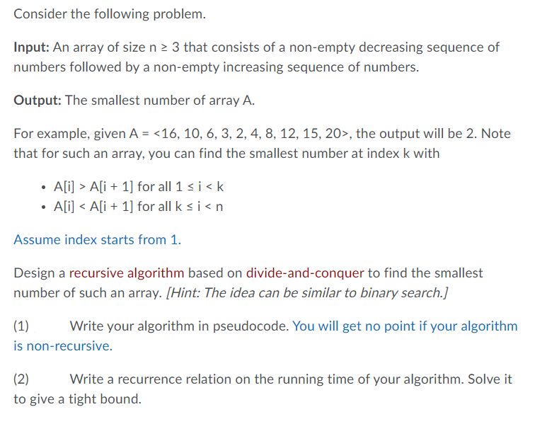 Solved Consider the following problem. Input: An array of | Chegg.com