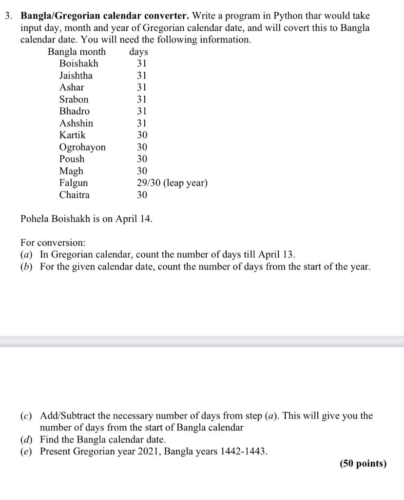 Solved 3. Bangla/Gregorian calendar converter. Write a | Chegg.com