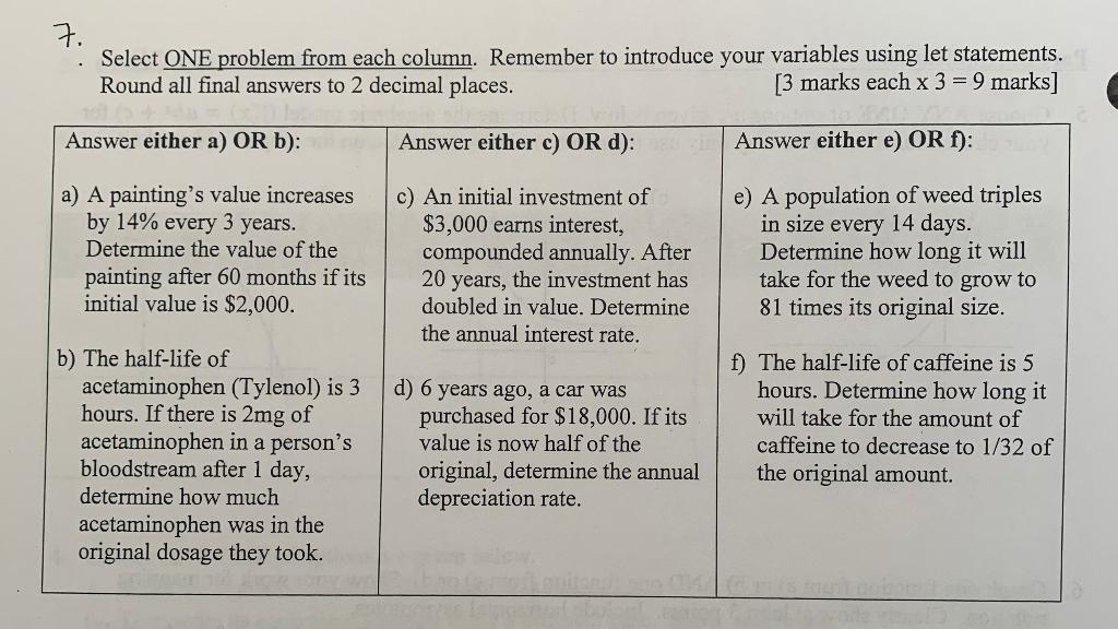 Solved Select ONE problem from each column. Remember to | Chegg.com