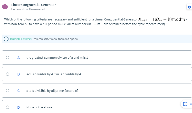 Solved Linear Congruential Generator: Example 2 Homework. | Chegg.com