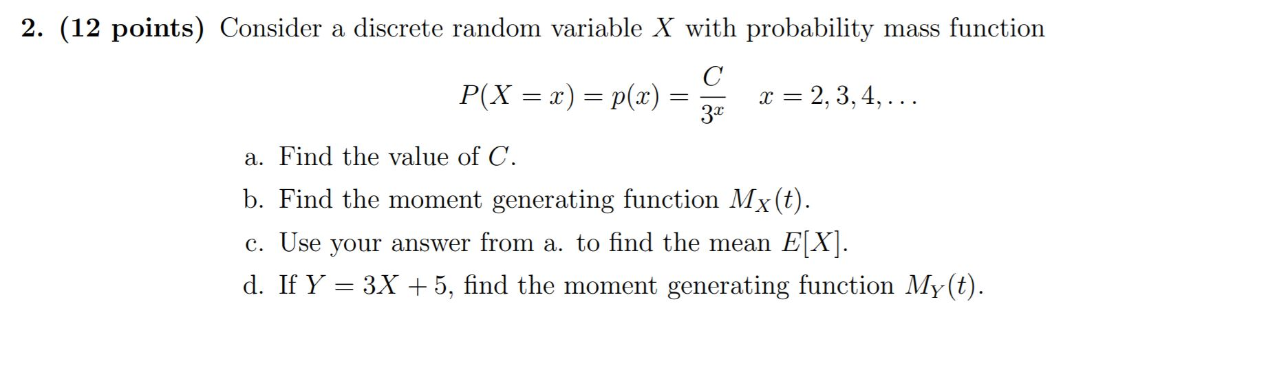 Solved 2. (12 points) Consider a discrete random variable X | Chegg.com