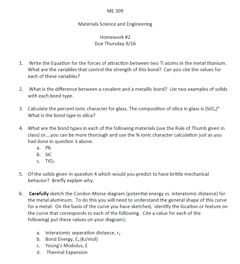 Solved ME 309 Materials Science and Engineering Homework #2 | Chegg.com