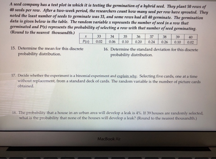 Solved A seed company has a test plot in which it is testing | Chegg.com