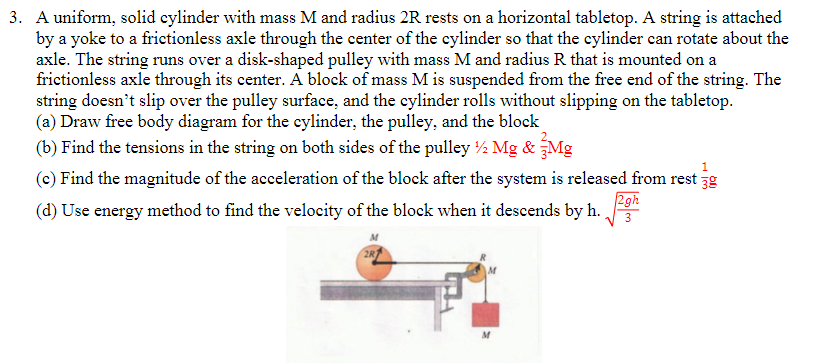 Solved 3. A uniform, solid cylinder with mass M and radius | Chegg.com