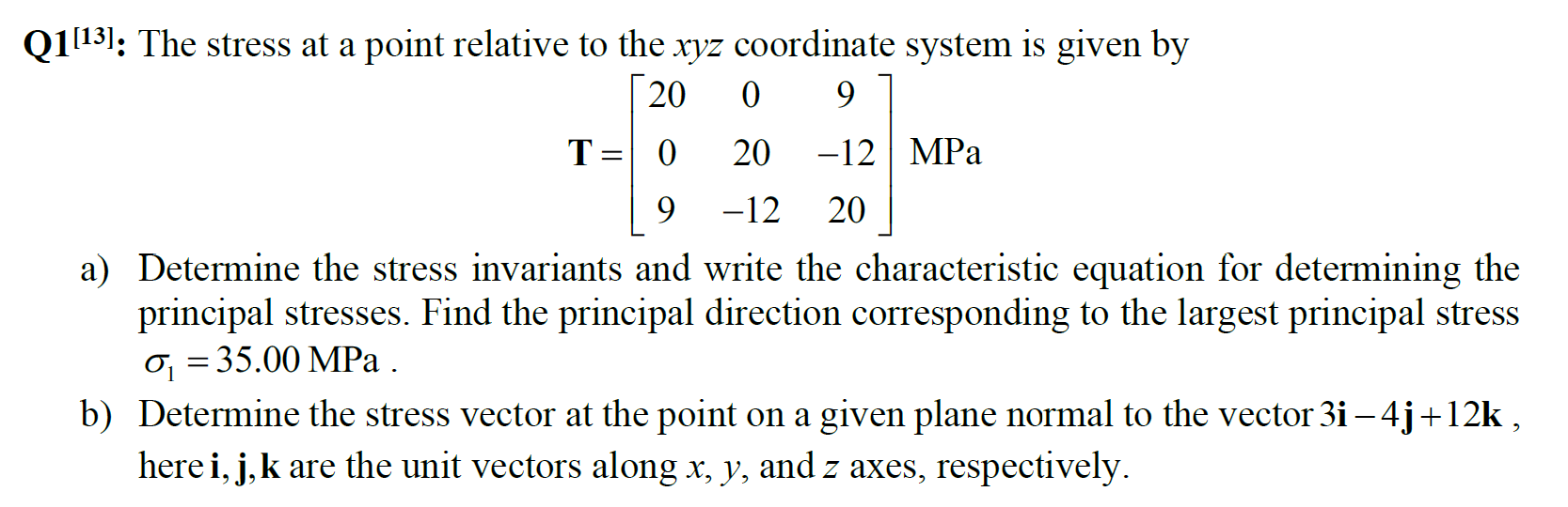 Solved Q1[13]: The stress at a point relative to the xyz | Chegg.com