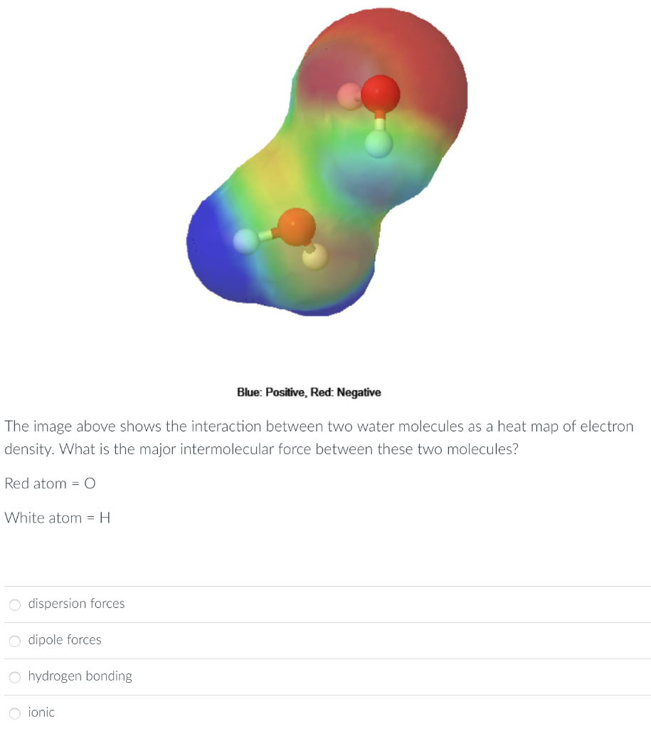 The image above shows the interaction between two water molecules as a heat map of electron
density. What is the major interm