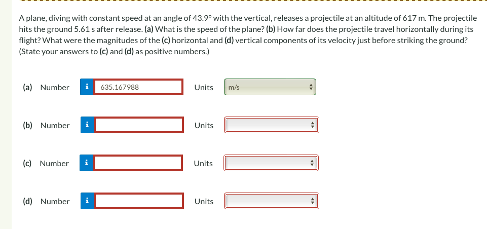 A plane, diving with constant speed at an angle of \( 43.9^{\circ} \) with the vertical, releases a projectile at an altitude