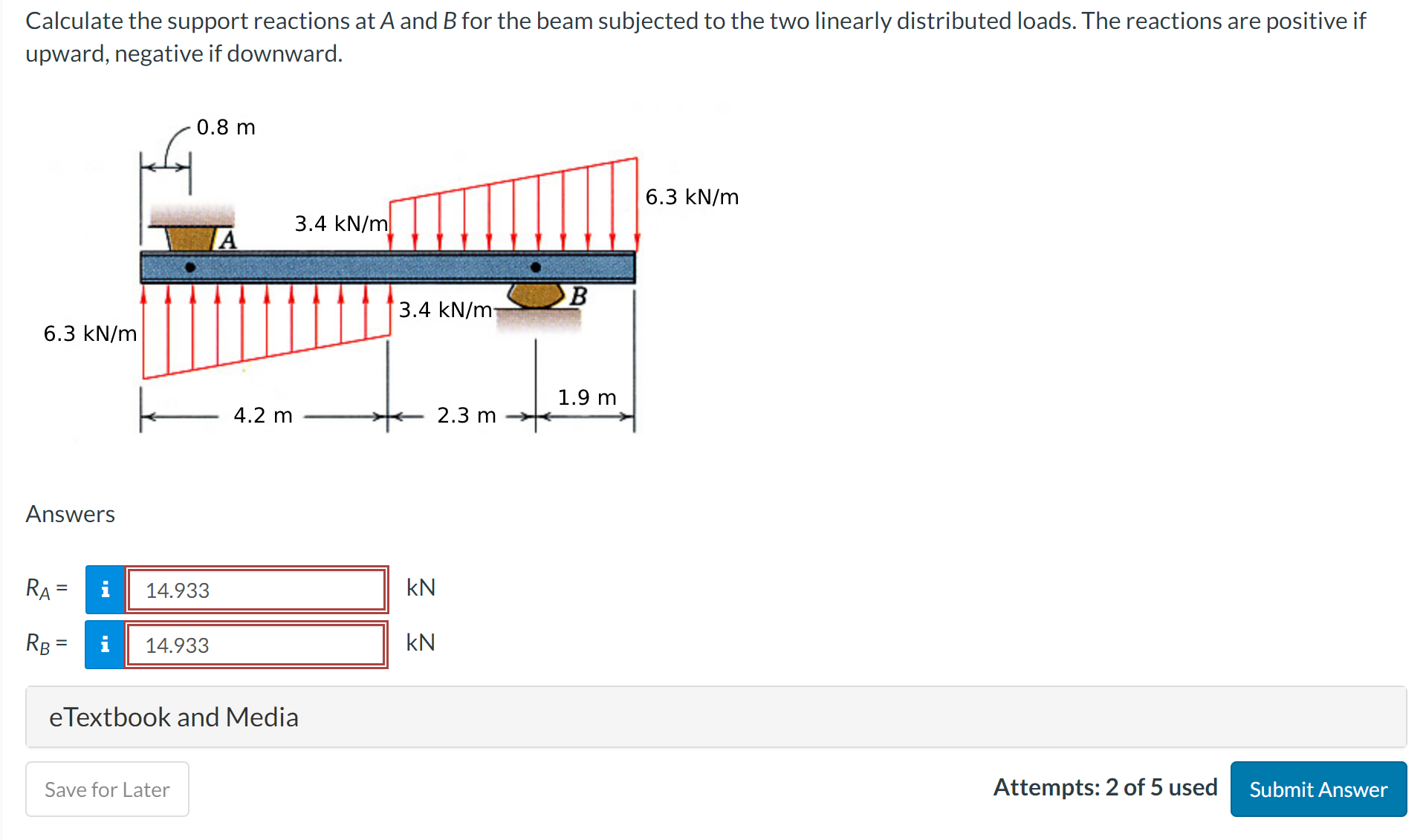 Calculate the support reactions at \( A \) and \( B \) for the beam subjected to the two linearly distributed loads. The reac