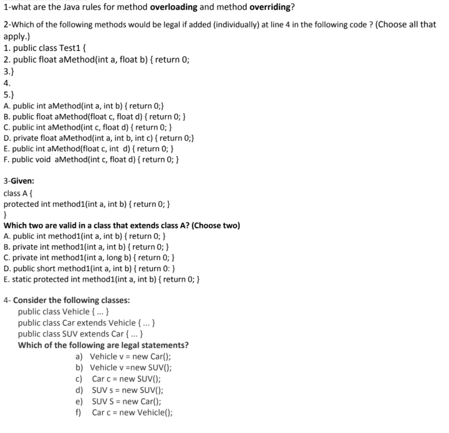 Solved 1-what are the Java rules for method overloading and | Chegg.com