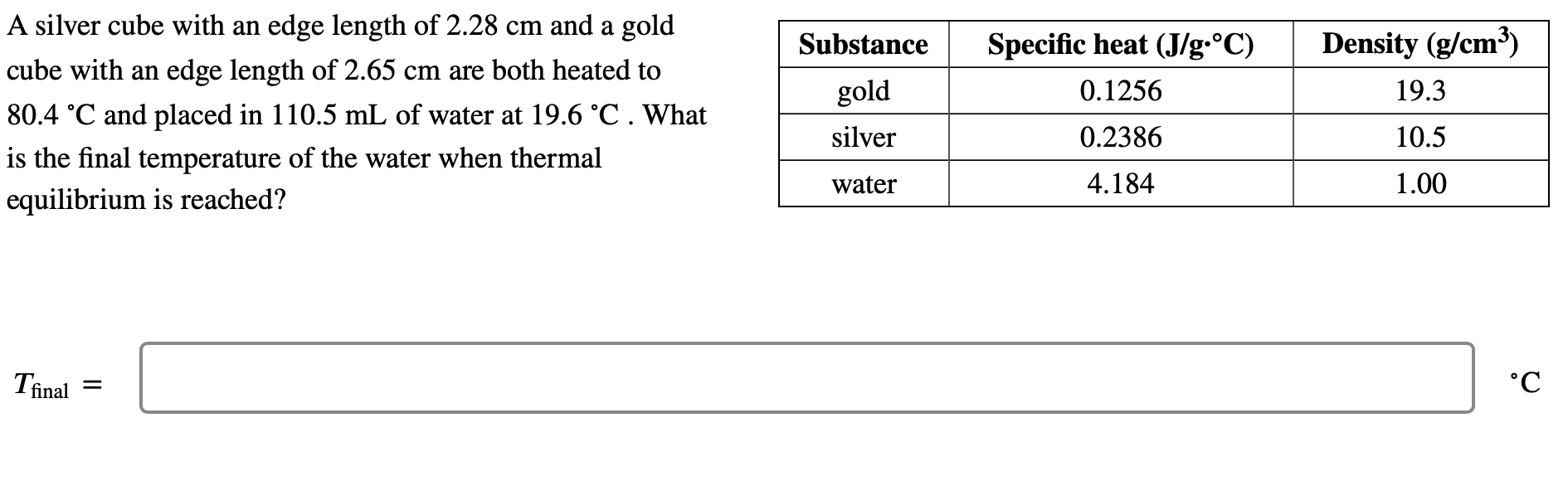 Solved Substance Specific heat (J/g.°C) Density (g/cm3)