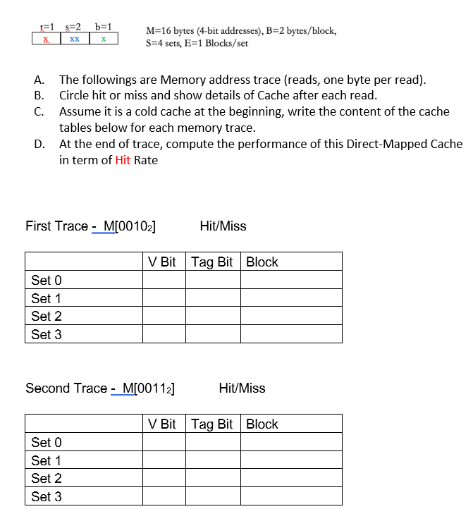 Solved T=1 S=2 х XX B=1 X M=16 Bytes (4-bit Addresses), B=2 | Chegg.com