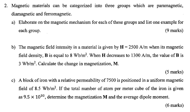 Solved 2. Magnetic materials can be categorized into three | Chegg.com