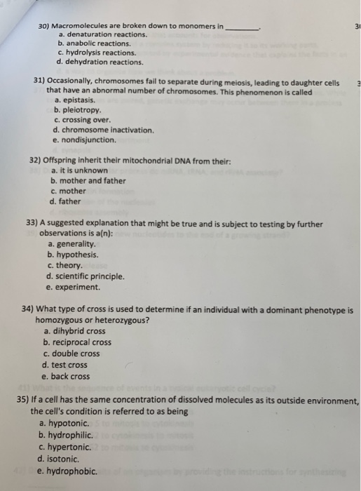 Solved 30) Macromolecules are broken down to monomers in 31 | Chegg.com