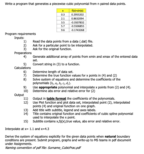 Write a program that generates a piecewise cubic | Chegg.com