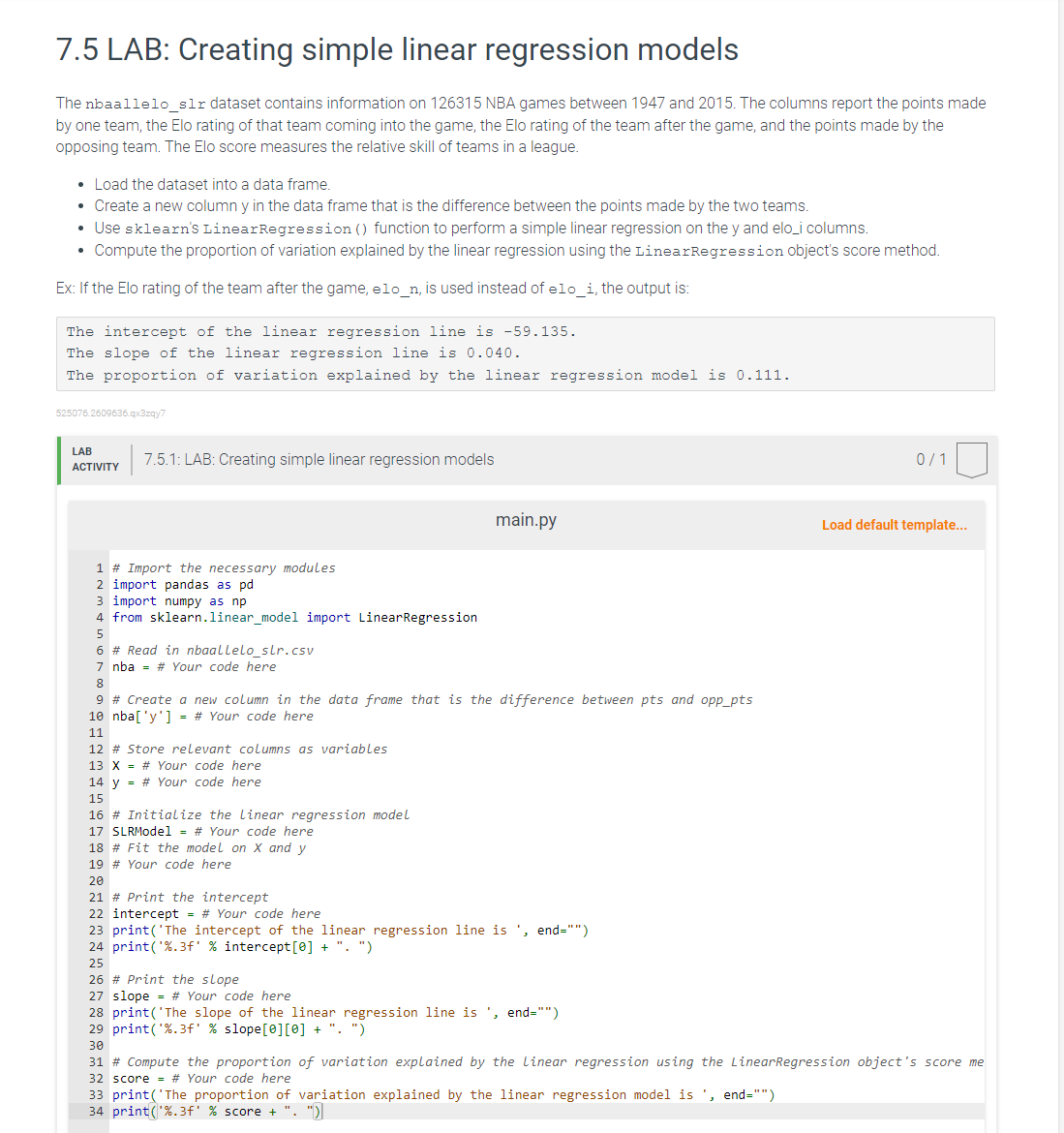 Solved 7.5 ﻿LAB: Creating simple linear regression modelsThe | Chegg.com