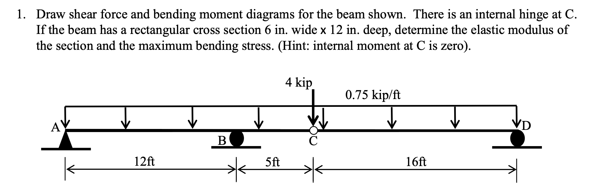 Draw shear force and bending moment diagrams for the beam shown. There is an internal hinge at \( \mathrm{C} \). If the beam 