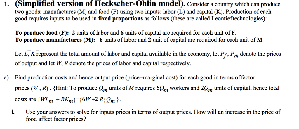 (Simplified Version Of Heckscher-Ohlin Model). | Chegg.com