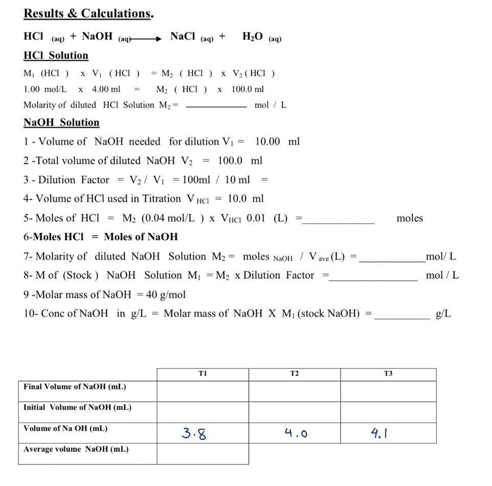 Solved Results & Calculations. HCI (aq) + NaOH (aq NaCI (aq) | Chegg.com