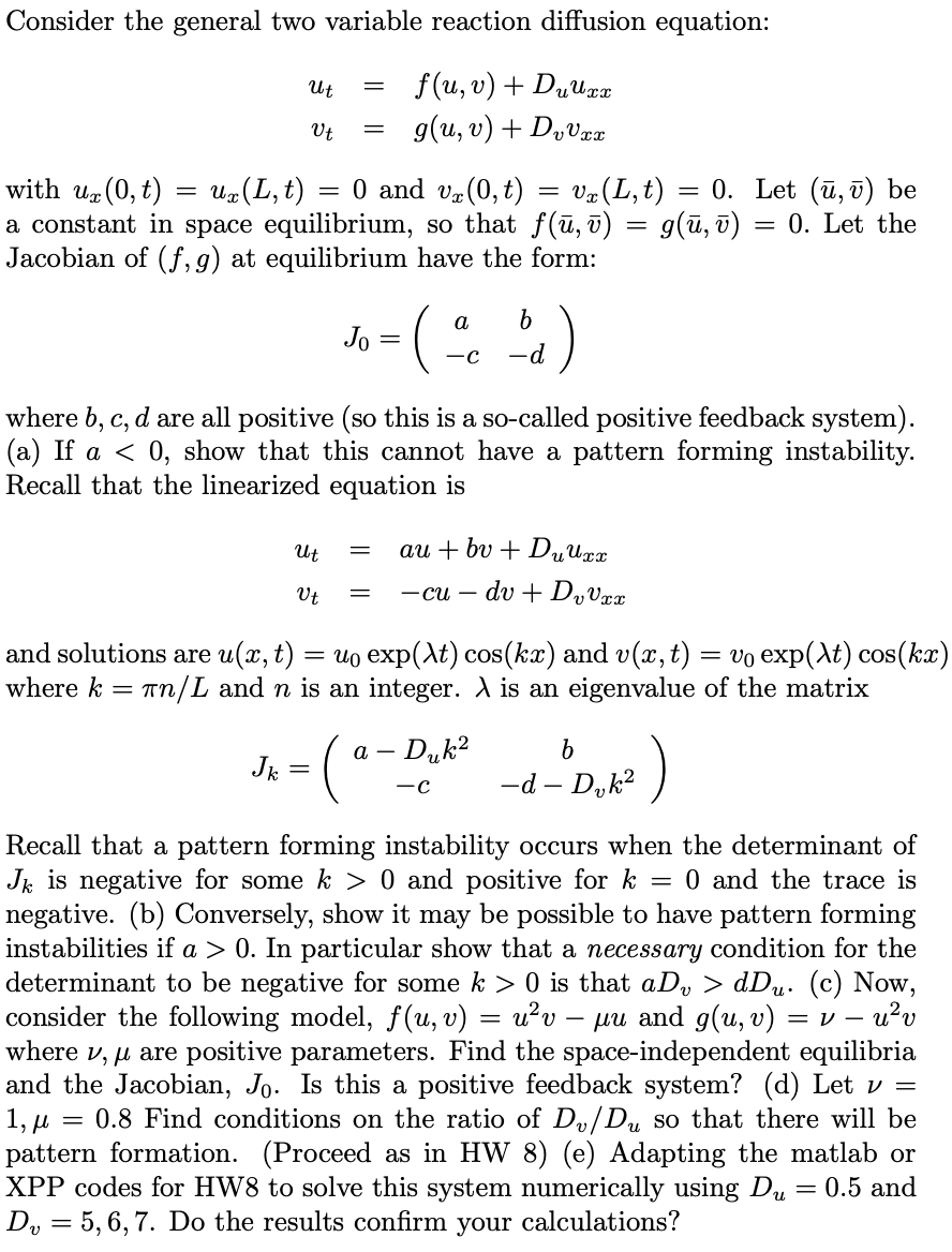 Consider The General Two Variable Reaction Diffusi Chegg Com