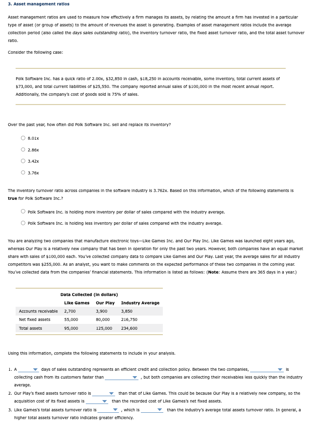 Solved 3. Asset management ratios Asset management ratios