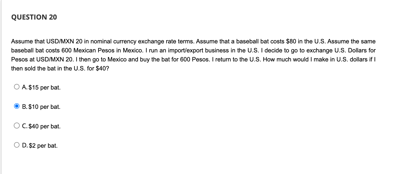 Solved Assume USD/MXN 20 in nominal currency exchange rate | Chegg.com
