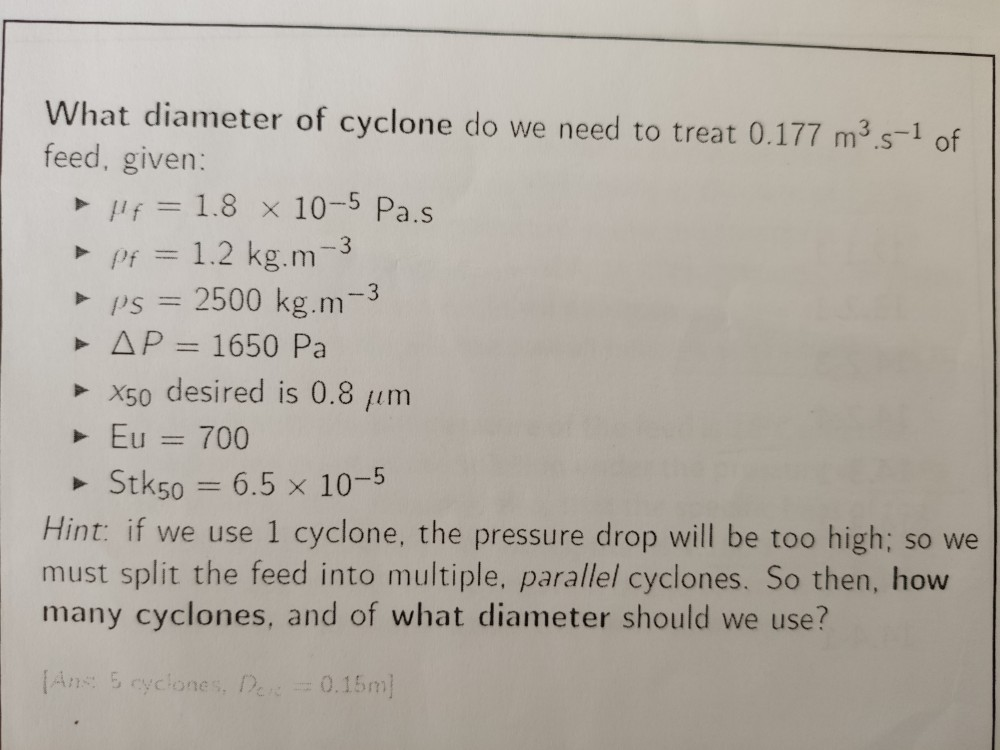 What diameter of cyclone do we need to treat 0.177 | Chegg.com