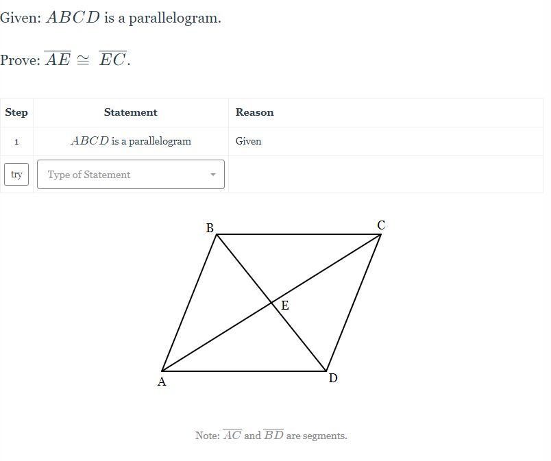 Solved Given: ABCD is a parallelogram. Prove: AE EC. Step | Chegg.com