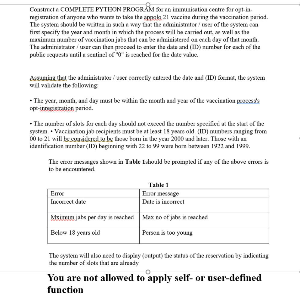 Construct a COMPLETE PYTHON PROGRAM for an | Chegg.com