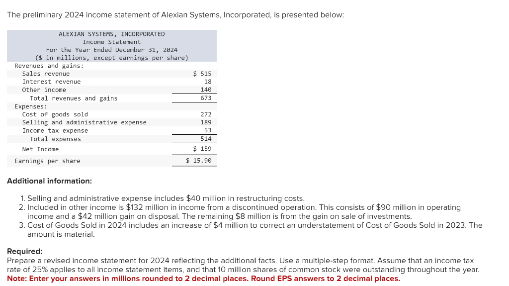 Solved The preliminary 2024 statement of Alexian