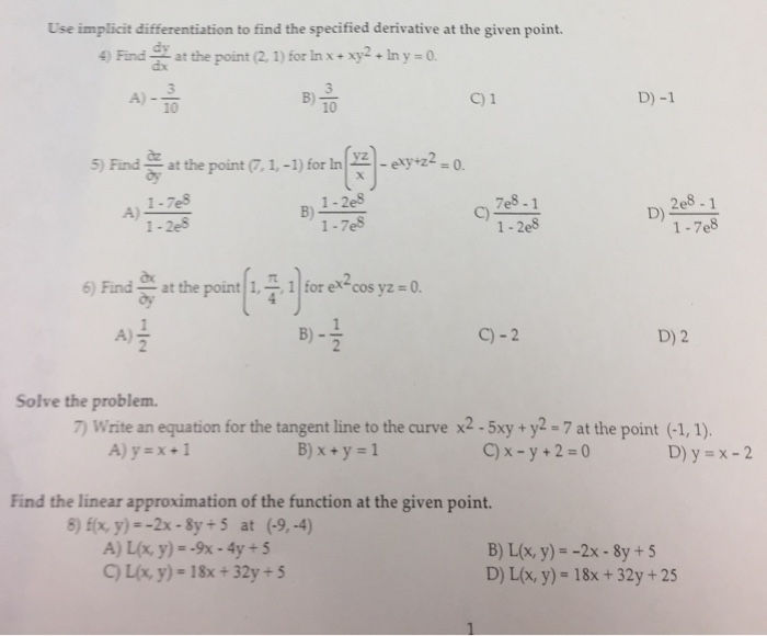 Solved Use implicit differentiation to find the specified | Chegg.com