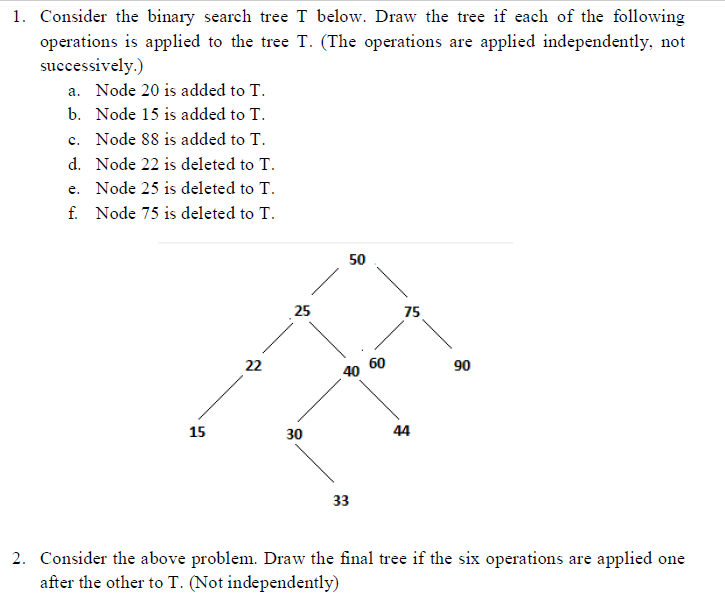 Solved 1. Consider the binary search tree T below. Draw the | Chegg.com