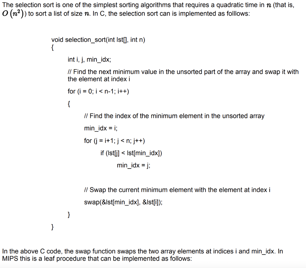 Solved The selection sort is one of the simplest sorting | Chegg.com