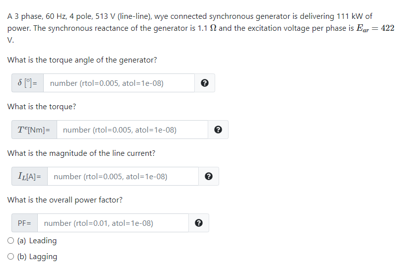 Solved A 3 phase, 60 Hz, 4 pole, 513 V (line-line), wye | Chegg.com