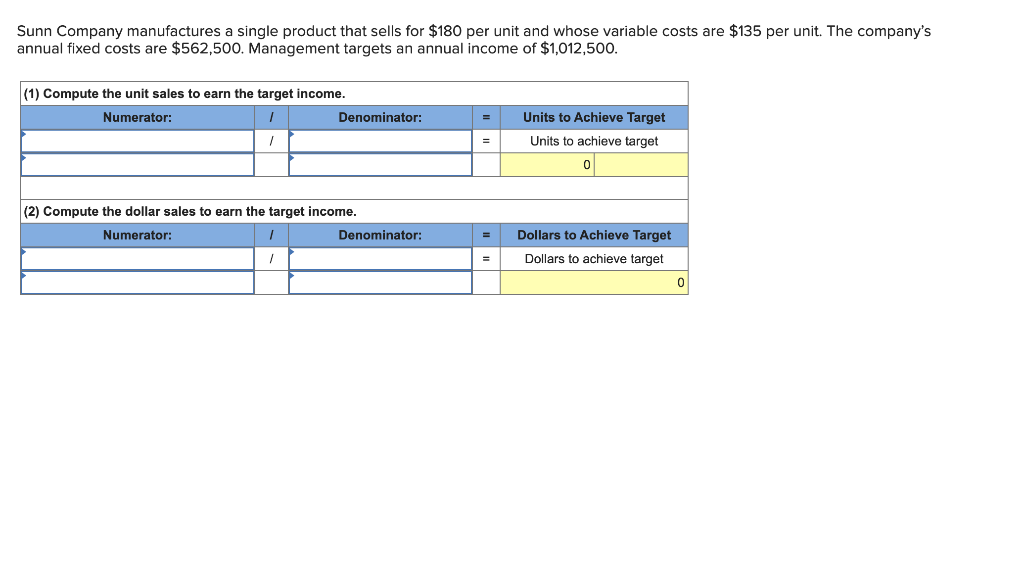 Sunn Company manufactures a single product that sells for $180 per unit and whose variable costs are $135 per unit. The compa
