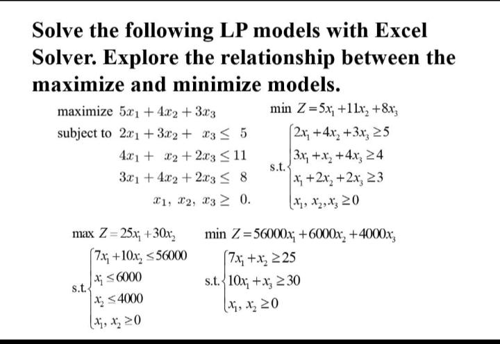 Solved Solve the following LP models with Excel Solver. | Chegg.com